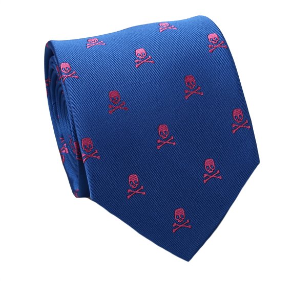 Gravata Azul France com Caveiras Rosa