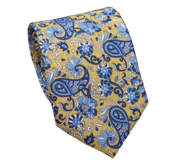 Gravata e Lenço Amarelo Paisley Seda Natural